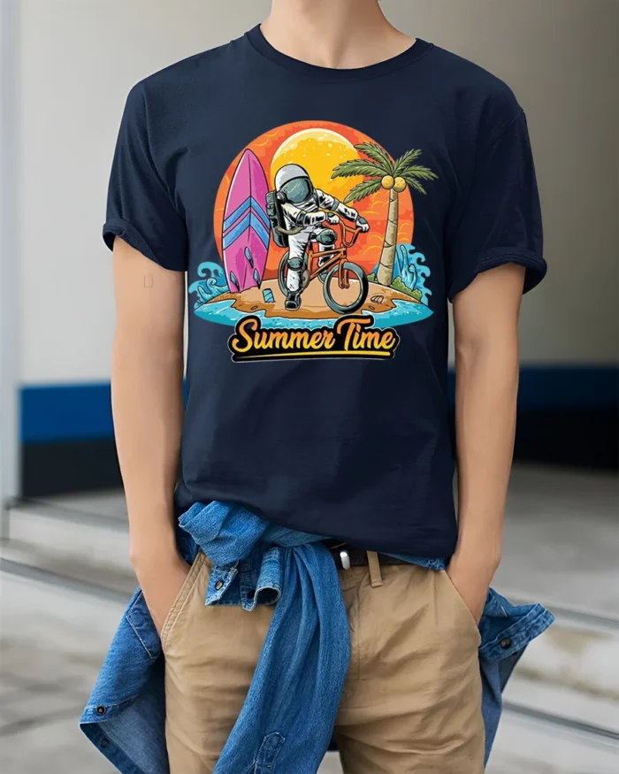 Astronaut Summer Time Surf and Bike Graphic T-Shirt - model wearing navy shirt, hands in pockets