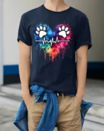 Colorful Paw Heartbeat Pet Lover Graphic T-Shirt - model wearing navy shirt, hands in pockets