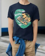 Surfing Skeleton Guitar Tropical Wave Graphic T-Shirt - model wearing navy shirt, hands in pockets