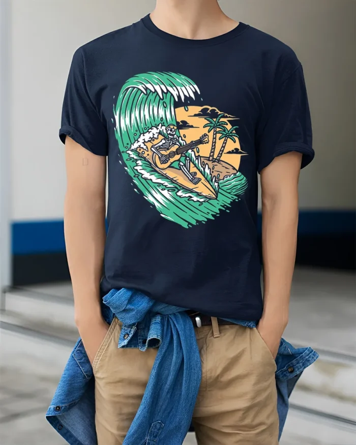 Surfing Skeleton Guitar Tropical Wave Graphic T-Shirt - model wearing navy shirt, hands in pockets