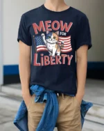 Meow For Liberty Patriotic Cat Graphic T-Shirt - model wearing navy shirt, hands in pockets