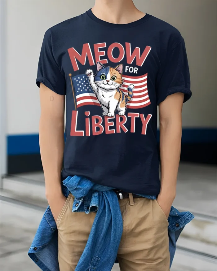 Meow For Liberty Patriotic Cat Graphic T-Shirt - model wearing navy shirt, hands in pockets