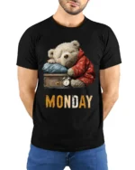 Lazy Monday Bear Graphic Printed T-Shirt for Men - model wearing black shirt, hands behind back
