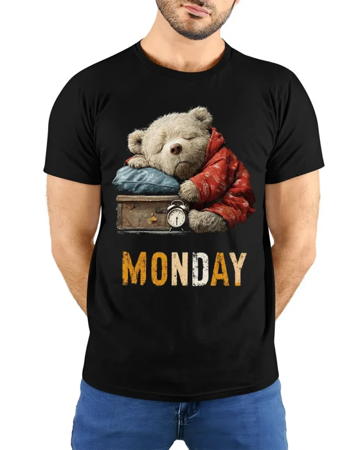 Lazy Monday Bear Graphic Printed T-Shirt for Men - model wearing black shirt, hands behind back