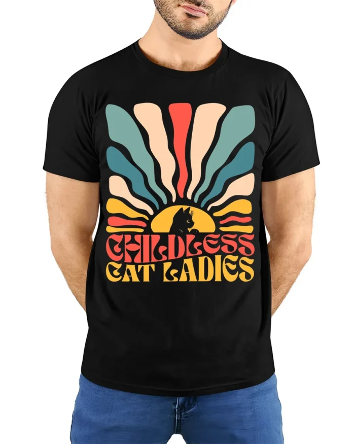 Retro Childless Cat Ladies Vintage Graphic T-Shirt - model wearing black shirt, hands behind back