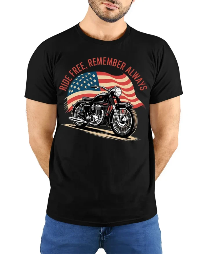 Ride Free Remember Always Motorcycle Graphic T-Shirt - model wearing black shirt, hands behind back