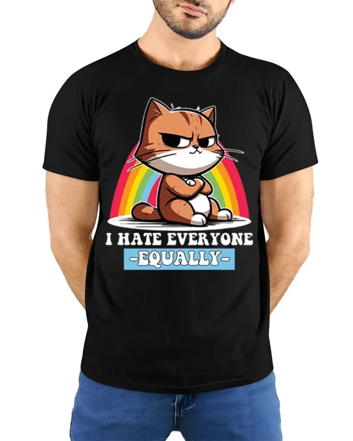 Funny Grumpy Cat I Hate Everyone Equally T-Shirt - model wearing black shirt, hands behind back