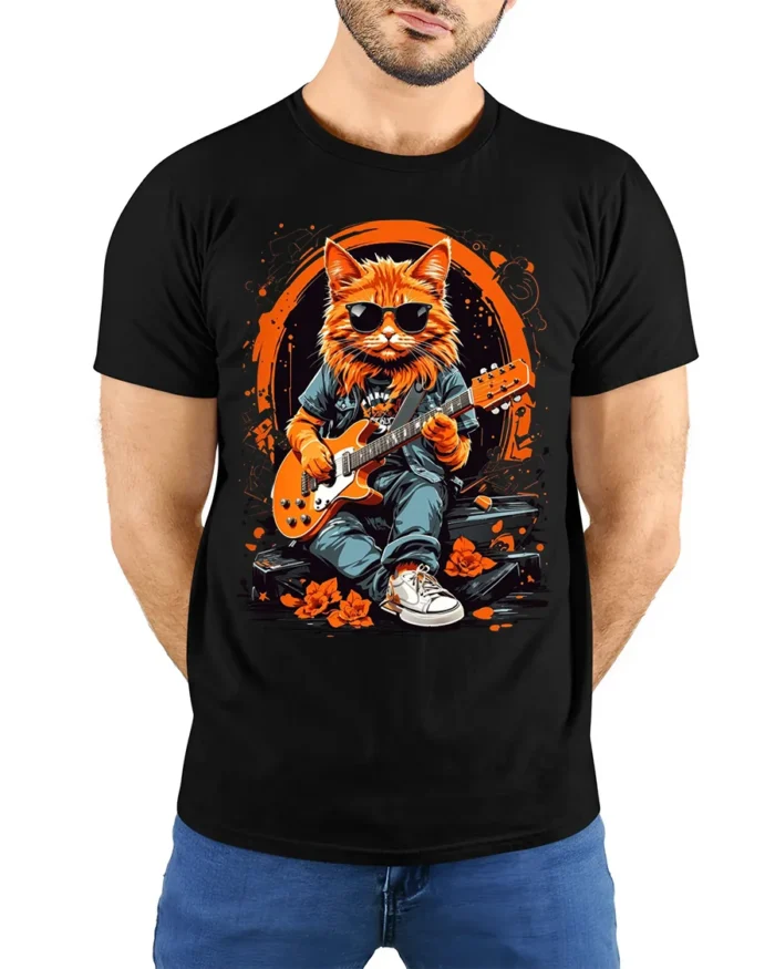 Cool Rock Guitar Cat with Shades Graphic T-Shirt - model wearing black shirt, hands behind back