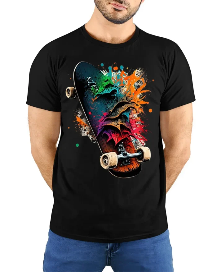 Colorful Skateboard Splash Art Graphic T-Shirt - model wearing black shirt, hands behind back