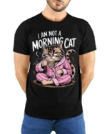 Funny Grumpy Cat Not a Morning Coffee T-Shirt - model wearing black shirt, hands behind back