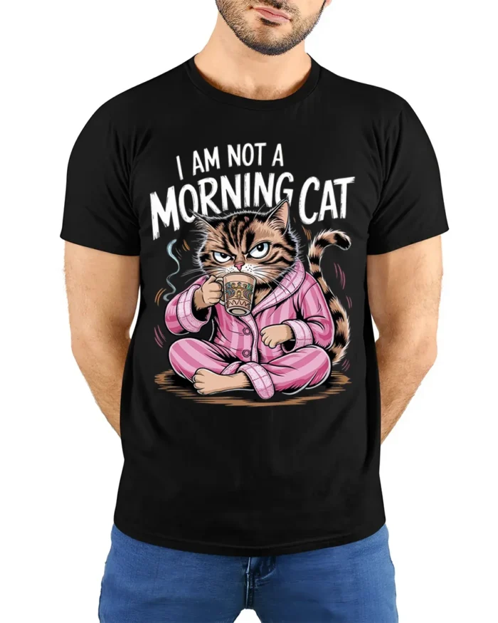 Funny Grumpy Cat Not a Morning Coffee T-Shirt - model wearing black shirt, hands behind back