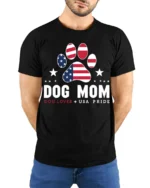 Patriotic Dog Mom USA Flag Paw Print Graphic T-Shirt - model wearing black shirt, hands behind back