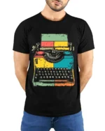 Retro Colorful Typewriter Graphic Printed T-Shirt - model wearing black shirt, hands behind back