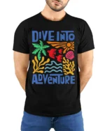 Dive Into Adventure Ocean Graphic Printed T-Shirt - model wearing black shirt, hands behind back