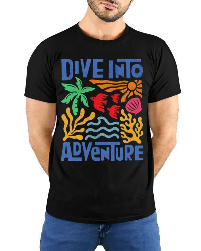 Dive Into Adventure Ocean Graphic Printed T-Shirt - model wearing black shirt, hands behind back
