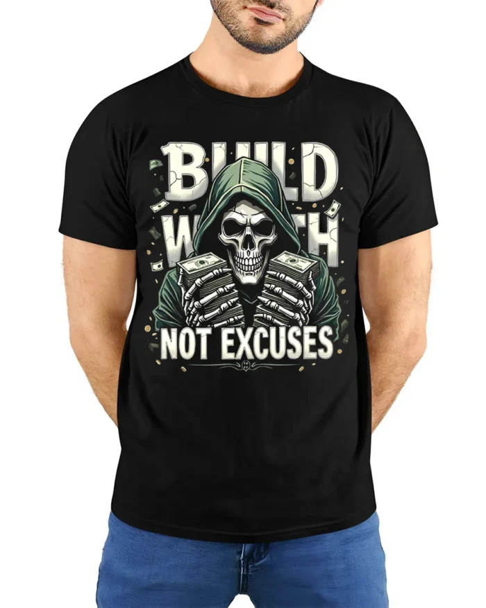Build Wealth Not Excuses Skull Graphic T-Shirt - model wearing black shirt, hands behind back