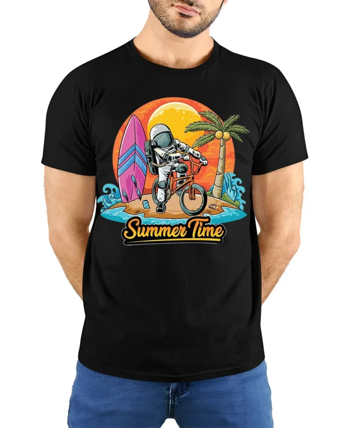 Astronaut Summer Time Surf and Bike Graphic T-Shirt - model wearing black shirt, hands behind back