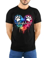Colorful Paw Heartbeat Pet Lover Graphic T-Shirt - model wearing black shirt, hands behind back
