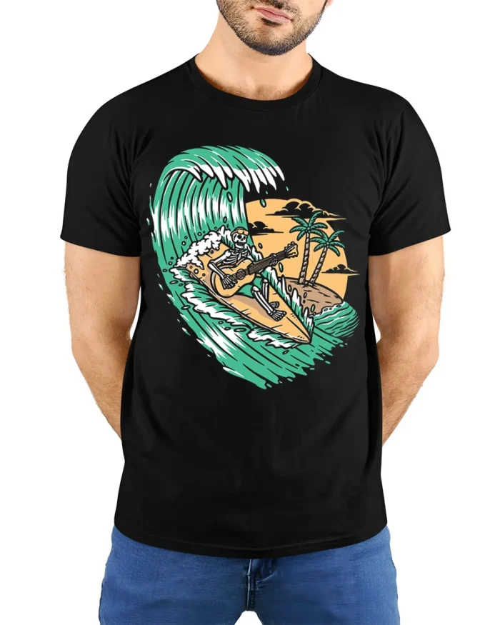 Surfing Skeleton Guitar Tropical Wave Graphic T-Shirt - model wearing black shirt, hands behind back