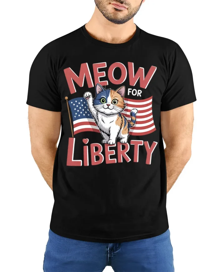Meow For Liberty Patriotic Cat Graphic T-Shirt - model wearing black shirt, hands behind back