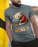 Lazy Monday Bear Graphic Printed T-Shirt for Men - model in grey shirt leaning against column