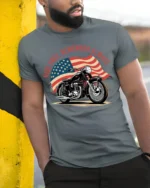 Ride Free Remember Always Motorcycle Graphic T-Shirt - model in grey shirt leaning against column