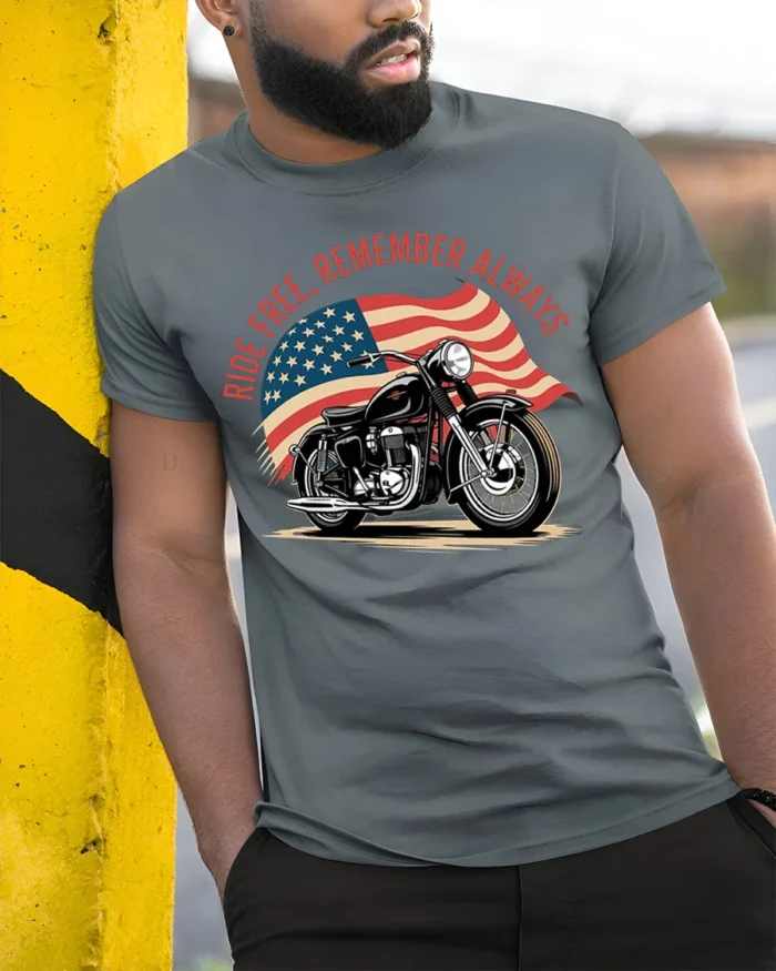 Ride Free Remember Always Motorcycle Graphic T-Shirt - model in grey shirt leaning against column
