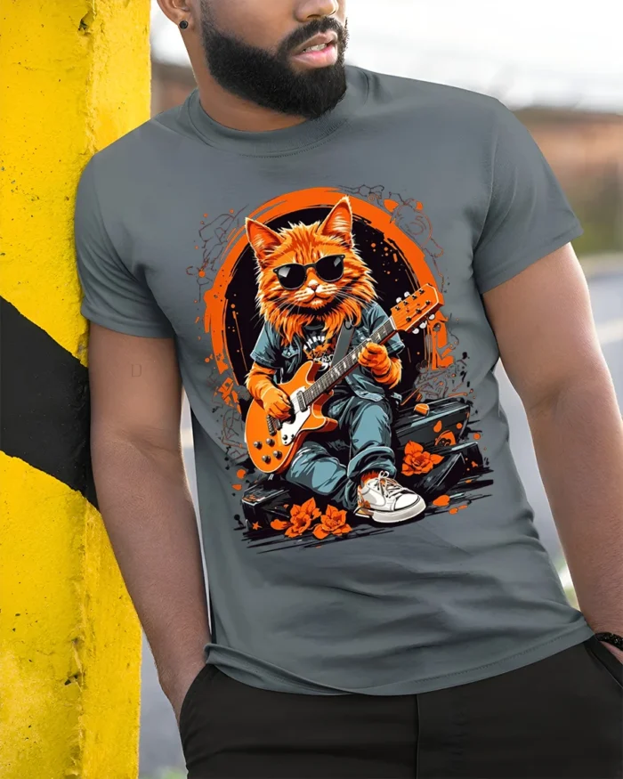 Cool Rock Guitar Cat with Shades Graphic T-Shirt - model in grey shirt leaning against column