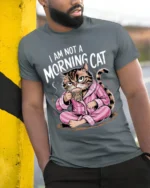 Funny Grumpy Cat Not a Morning Coffee T-Shirt - model in grey shirt leaning against column