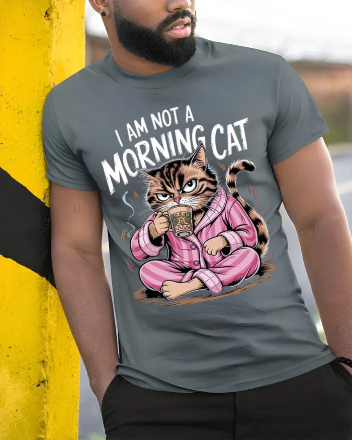 Funny Grumpy Cat Not a Morning Coffee T-Shirt - model in grey shirt leaning against column
