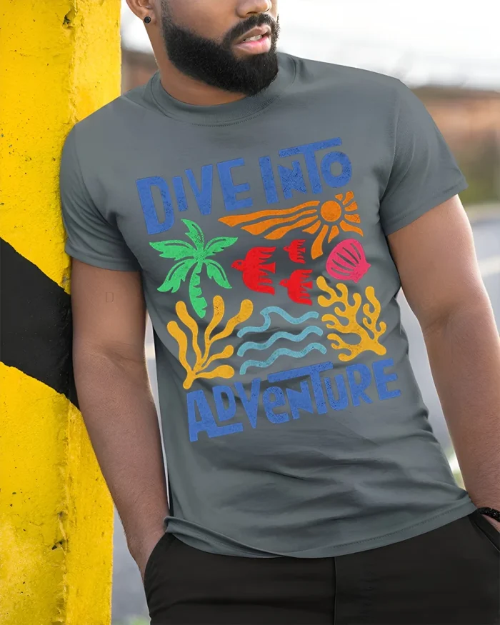 Dive Into Adventure Ocean Graphic Printed T-Shirt - model in grey shirt leaning against column