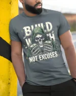 Build Wealth Not Excuses Skull Graphic T-Shirt - model in grey shirt leaning against column