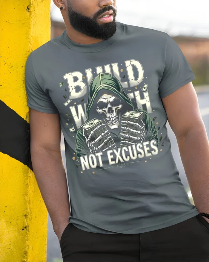 Build Wealth Not Excuses Skull Graphic T-Shirt - model in grey shirt leaning against column