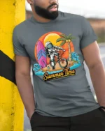 Astronaut Summer Time Surf and Bike Graphic T-Shirt - model in grey shirt leaning against column