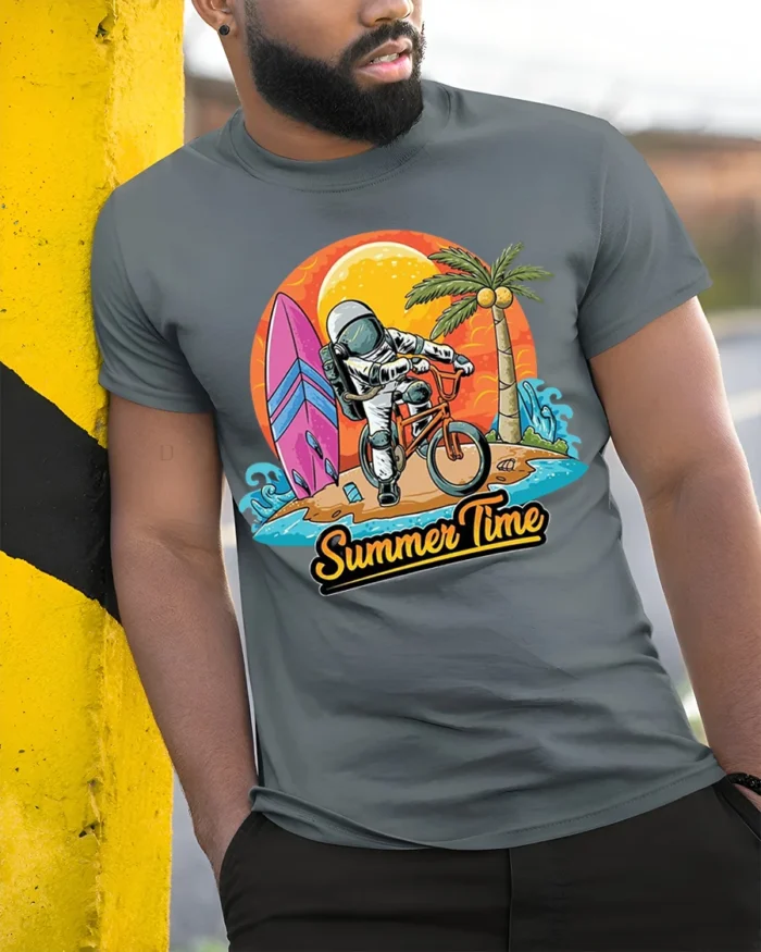 Astronaut Summer Time Surf and Bike Graphic T-Shirt - model in grey shirt leaning against column