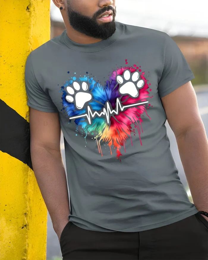 Colorful Paw Heartbeat Pet Lover Graphic T-Shirt - model in grey shirt leaning against column