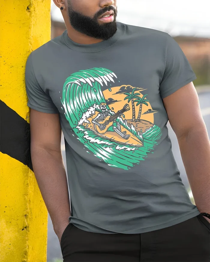 Surfing Skeleton Guitar Tropical Wave Graphic T-Shirt - model in grey shirt leaning against column