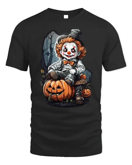 Scary Clown Halloween Pumpkin Graphic T-Shirt - black t-shirt on white background