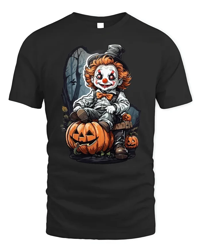Scary Clown Halloween Pumpkin Graphic T-Shirt - black t-shirt on white background