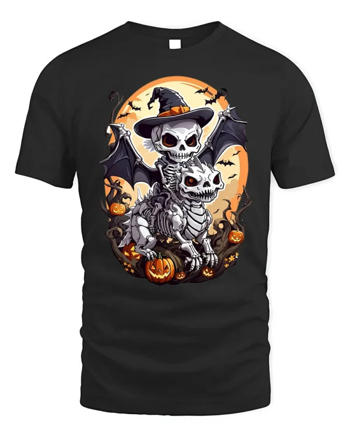 Skeleton Rider Halloween Dragon Pumpkin T-Shirt - black t-shirt on white background