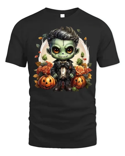 Cute Frankenstein Halloween Pumpkin Graphic T-Shirt - black t-shirt on white background