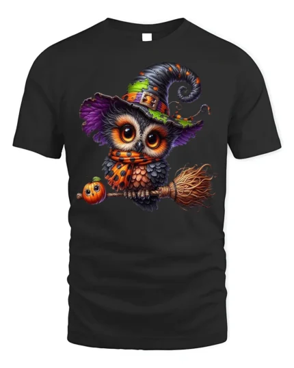 Halloween Witch Owl Broomstick Pumpkin T-Shirt - black t-shirt on white background