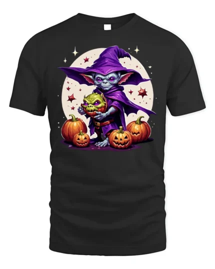 Goblin Wizard Halloween Pumpkin Graphic T-Shirt - black t-shirt on white background