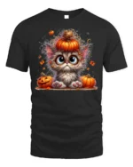 Cute Halloween Kitten Pumpkin Graphic T-Shirt - black t-shirt on white background