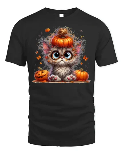 Cute Halloween Kitten Pumpkin Graphic T-Shirt - black t-shirt on white background