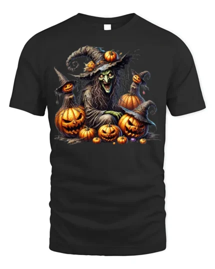 Evil Witch Pumpkin Halloween Scary Graphic T-Shirt - black t-shirt on white background