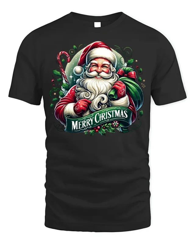 Classic Santa Merry Christmas Holiday T-Shirt - black t-shirt on white background