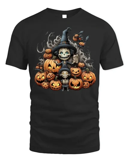 Witch Pumpkin Pile Halloween Skeleton T-Shirt - black t-shirt on white background