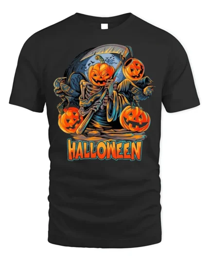 Pumpkin Reaper Halloween Scythe Graphic T-Shirt - black t-shirt on white background