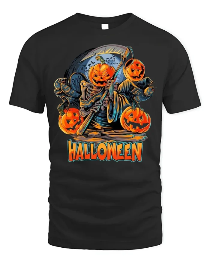 Pumpkin Reaper Halloween Scythe Graphic T-Shirt - black t-shirt on white background